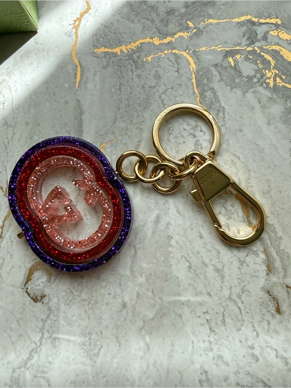 Gucci Interlocking G Glitter Resin Keychain Bag Charm Purple Red Pink Gold